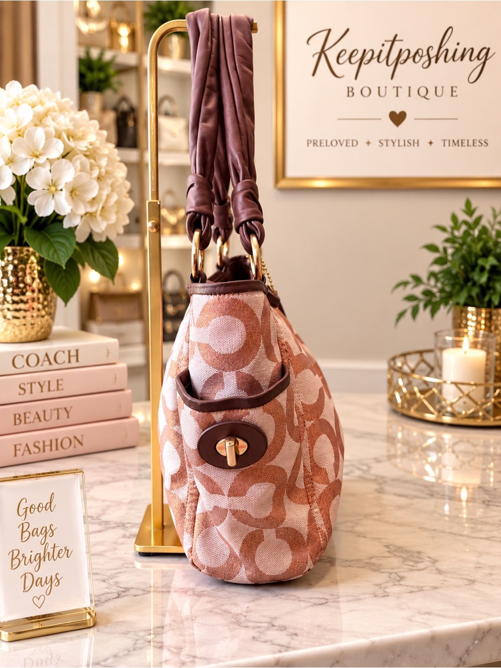 Coach Pink & Brown Signature Canvas Shoulder Bag - Picture 4 of 7